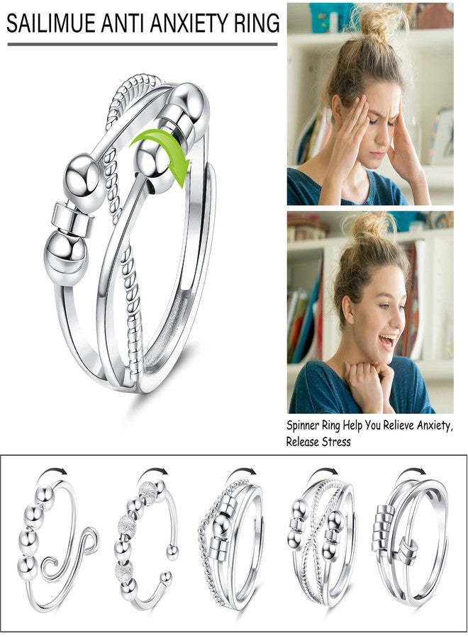sailimue 9Pcs Anti Anxiety Rings For Women Men Fidget Band Rings Set For Anxiety Unisex Adjustable Stacking Spinner Worry Stress Relief Ring With Beads - Image 3